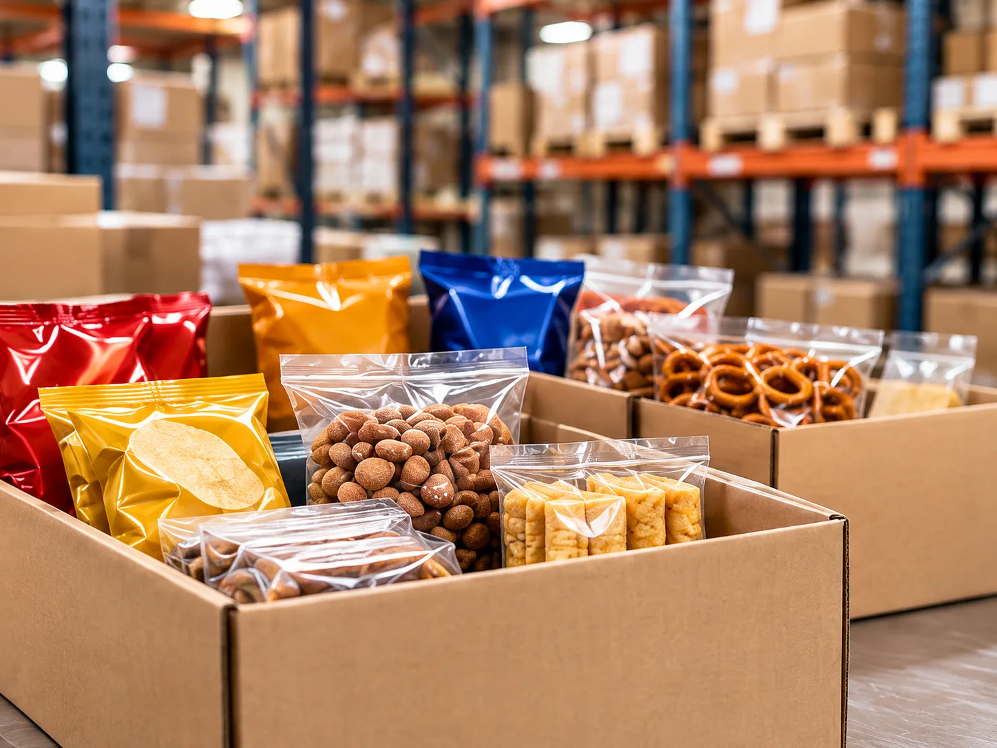 Packaged snacks and cartons ready for distribution